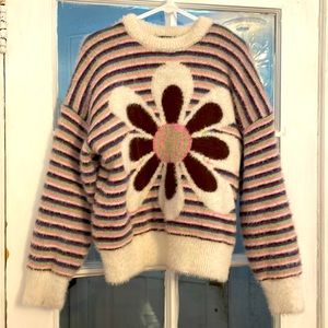 Fuzzy Striped Flower Sweater Size M